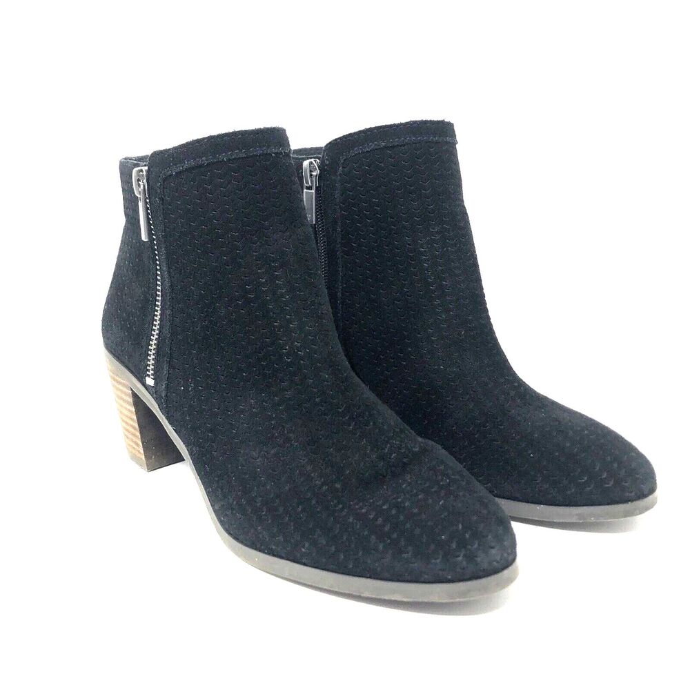 Lucky Brand Pagira Suede Ankle Boots Womens 8 Black Stacked Heel Double Side Zip